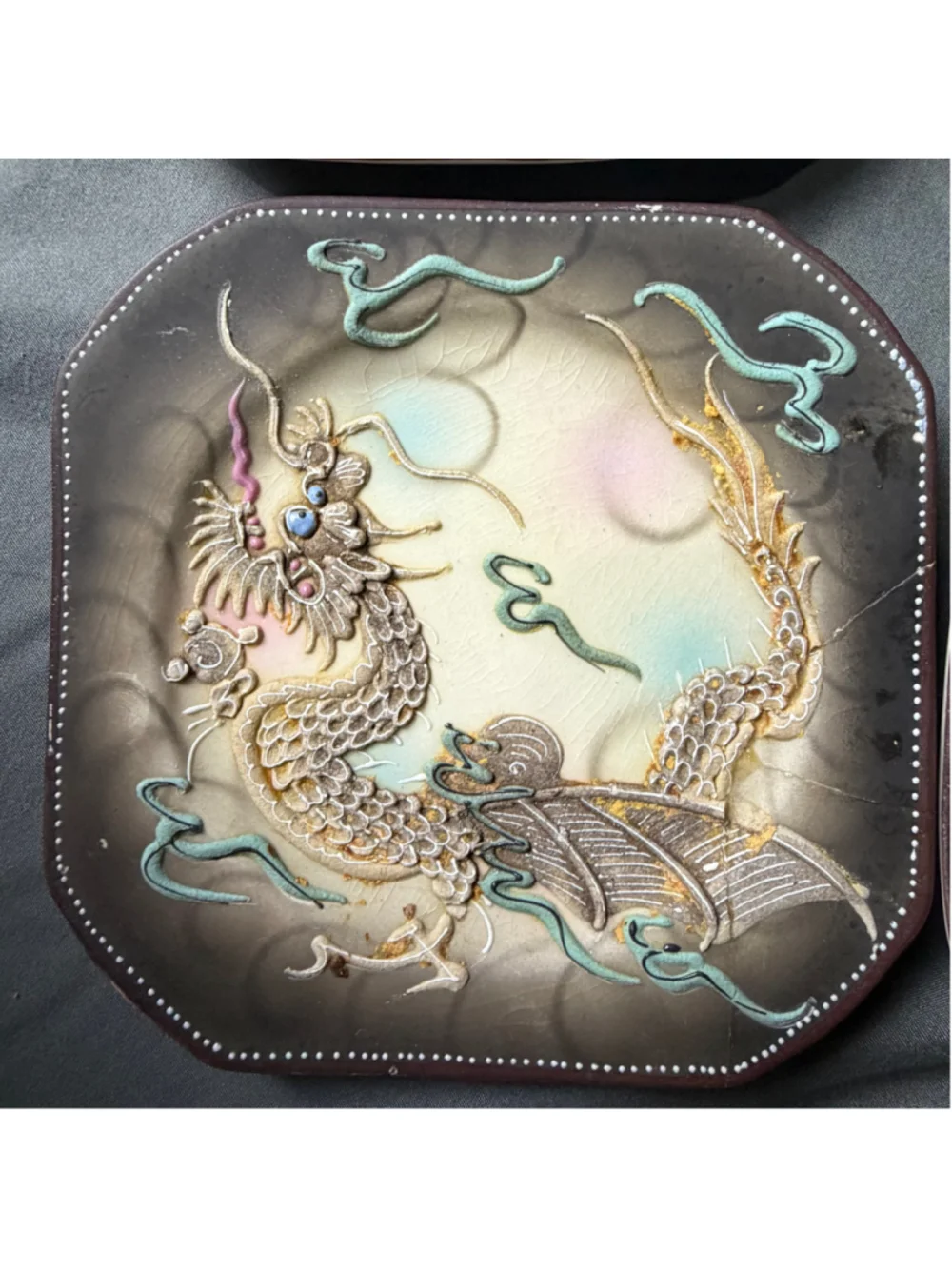 Japanese Moriage Dragonware Plate Set Basket 7 Pc Vintage Retro Serving Dishes